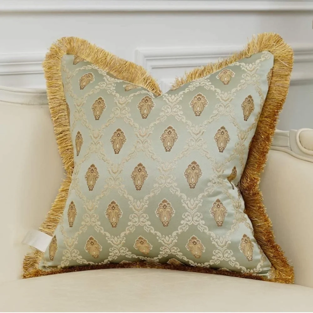 Luxury Home | Elegant Aqua & Gold Jaquard Embroidered Fringe Throw Pillow Cover